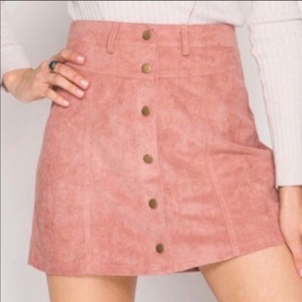 Pink vegan suede button down mini skirt in Medium